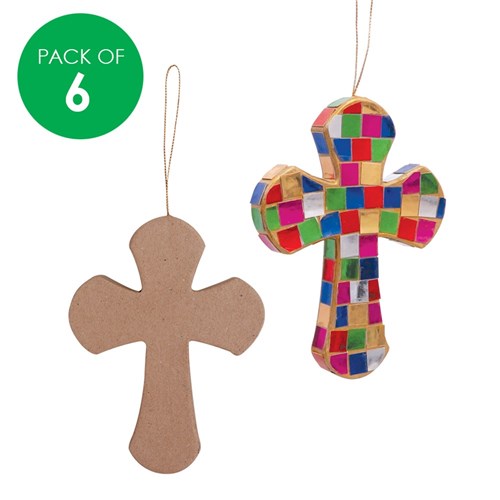 Papier Mache Cross Ornaments - Pack of 6